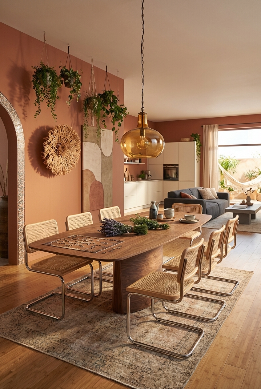 Makramee-Ampeln mit Pflanzen hängen über dem Esstisch Viborg aus Nussbaum und schaffen eine lebendige, boho-inspirierte Atmosphäre