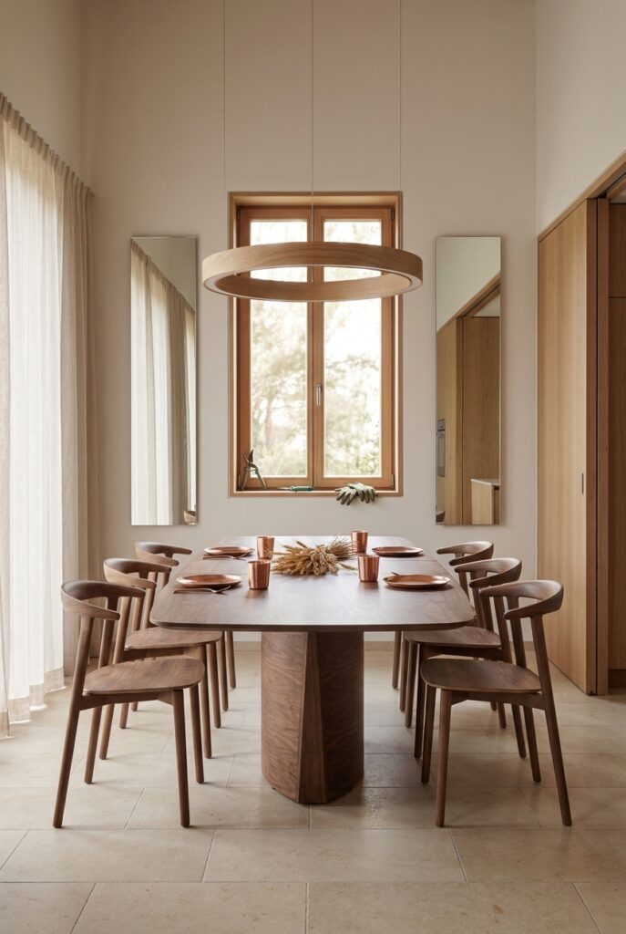 Vorhänge enden auf Fensterbankhöhe, um Platz auf der Fensterbank zu schaffen, während der Esstisch Viborg aus Nussbaum harmonisch ergänzt wird