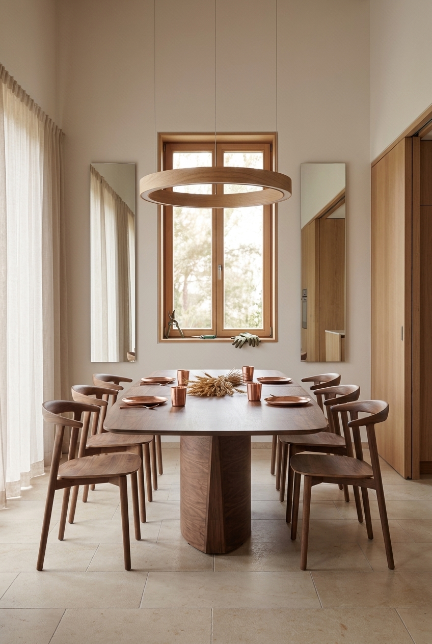 Vorhänge enden auf Fensterbankhöhe, um Platz auf der Fensterbank zu schaffen, während der Esstisch Viborg aus Nussbaum harmonisch ergänzt wird
