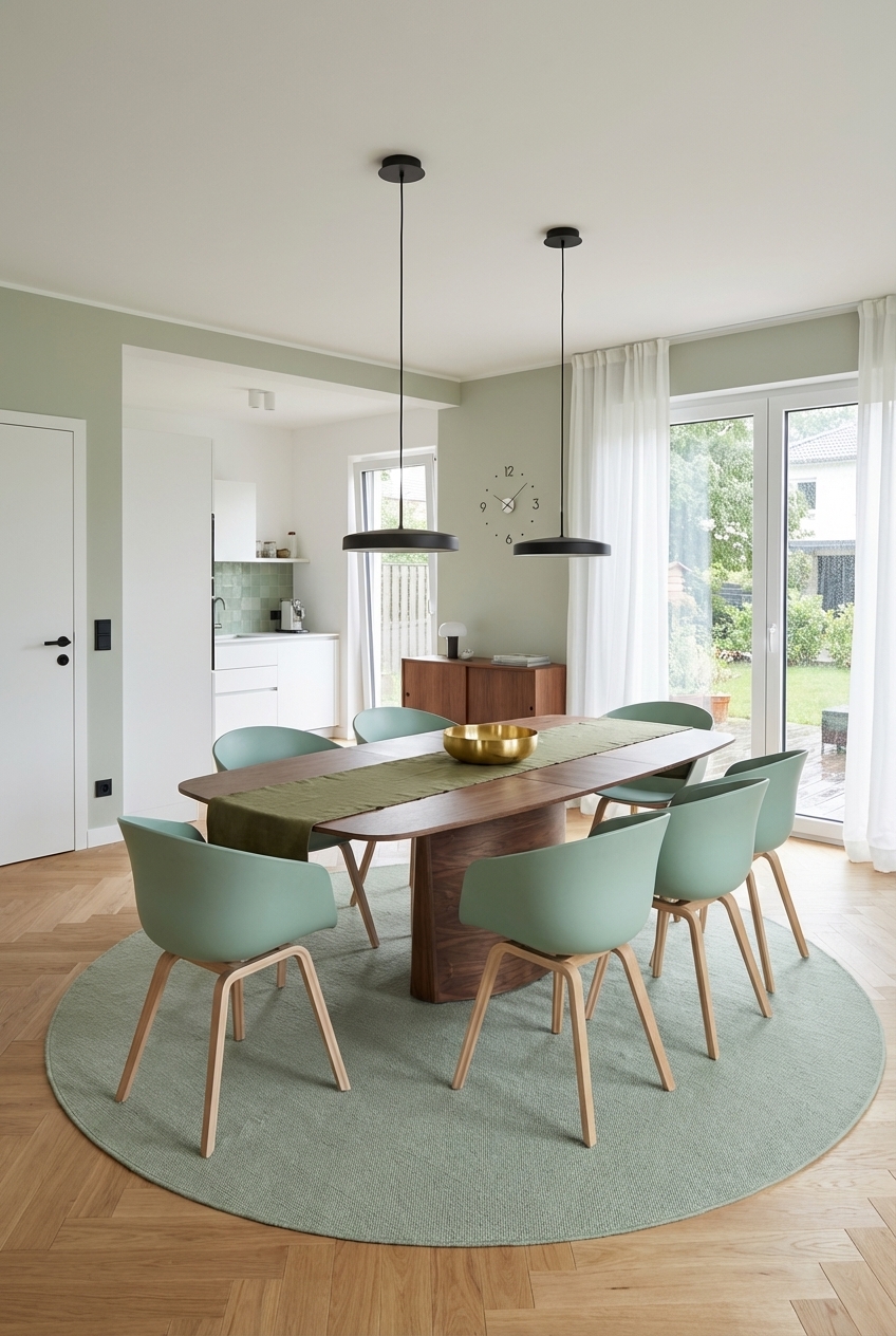Ein dunkler grüner Tischläufer auf dem Nussbaum-Esstisch Viborg schafft einen harmonischen Farbakzent