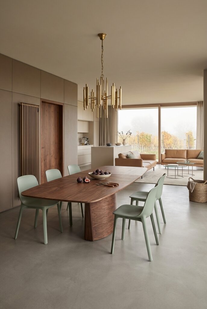 Esszimmer in Beige mit Salbeigrünen Stühlen und Esstisch Viborg aus Nussbaum