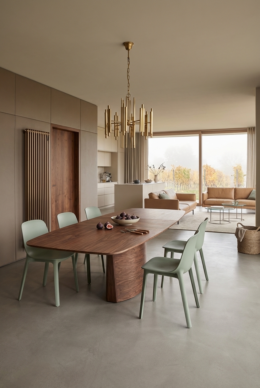 Esszimmer in Beige mit Salbeigrünen Stühlen und Esstisch Viborg aus Nussbaum