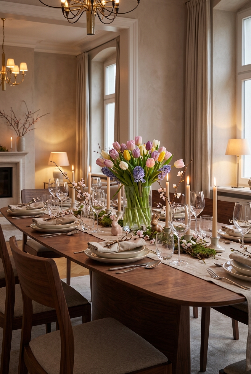 Zarte Kirschblütenzweige liegen auf Tellern eines Esstischs aus Nussbaumholz und verbinden die Gedecke.