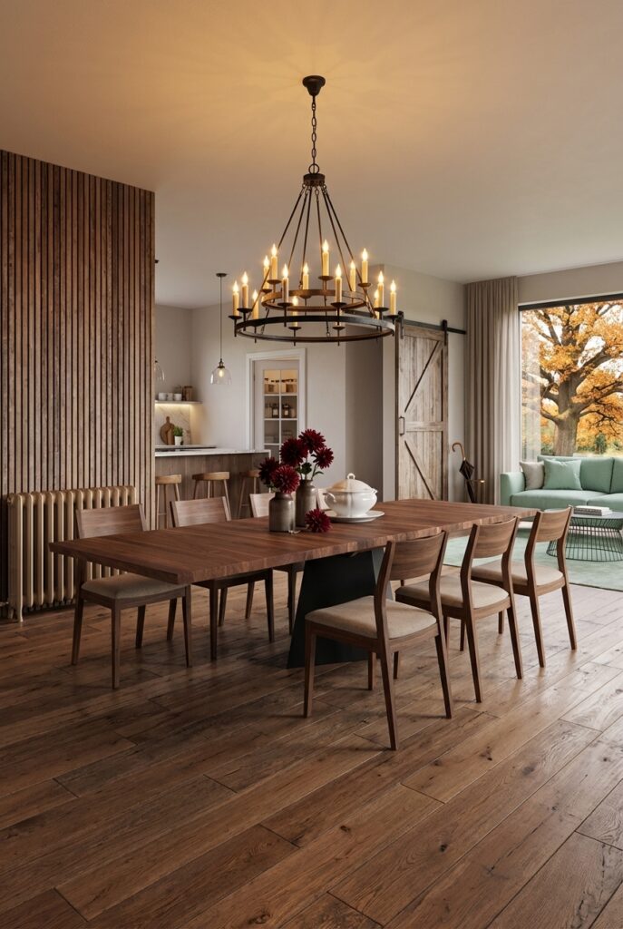 Esszimmer mit vertikalen Holzlamellen und Nussbaum Esstisch Weert als harmonische Einheit