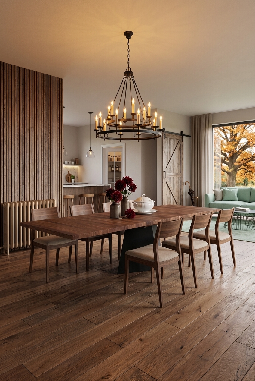 Esszimmer mit vertikalen Holzlamellen und Nussbaum Esstisch Weert als harmonische Einheit