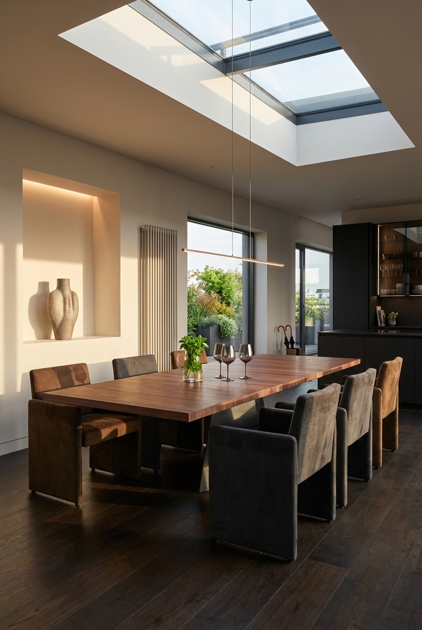 Großes Oberlicht beleuchtet den Esstisch Weert aus Nussbaum und schafft Raumtiefe.