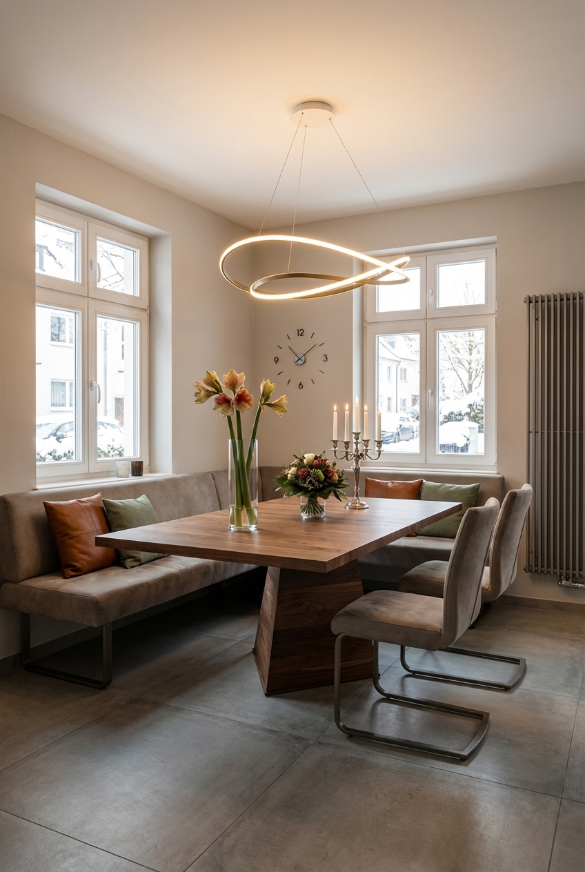 Essbereich mit einer beige Eckbank und farbigen Kissen in Grün und Cognac, dazu der Esstisch Weert aus Nussbaum.