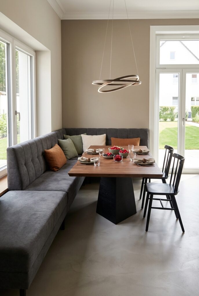 Elegante Sitzecke mit skulpturaler Pendelleuchte über dem Esszimmertisch Weert aus Nussbaum