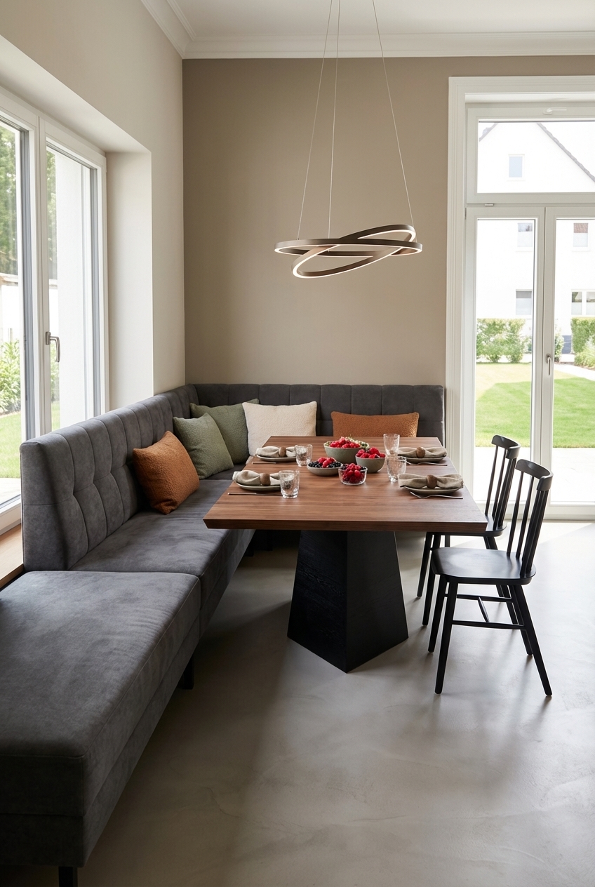 Elegante Sitzecke mit skulpturaler Pendelleuchte über dem Esszimmertisch Weert aus Nussbaum