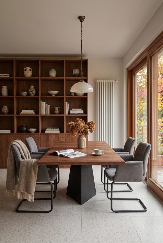 Holzregal mit Keramik und Büchern im Esszimmer, ergänzt von Esstisch Weert