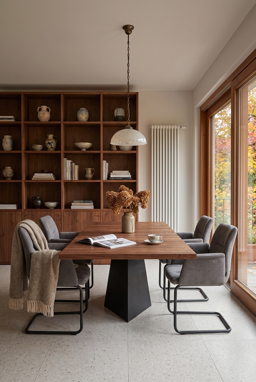 Holzregal mit Keramik und Büchern im Esszimmer, ergänzt von Esstisch Weert