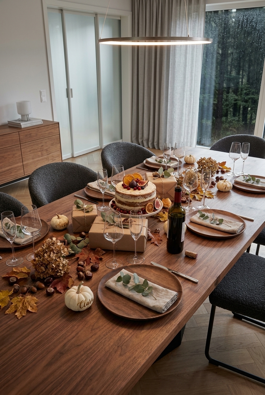 Weiße Kürbisse mit Namen, Torte, Geschenke und Eukalyptus auf Esstisch Weert