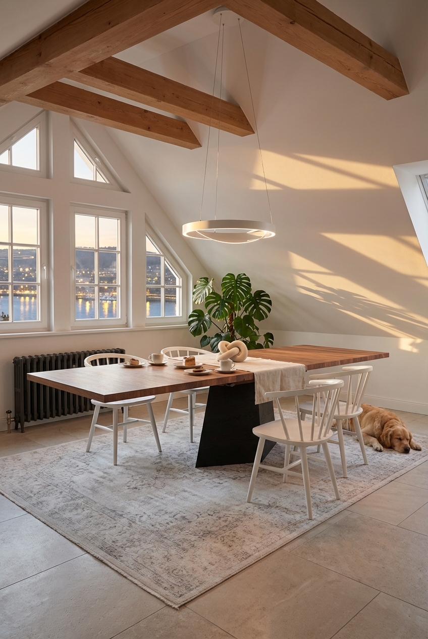 Esszimmertisch Weert aus Nussbaum mit freier Tischmitte und minimaler Deko unter Dachschräge