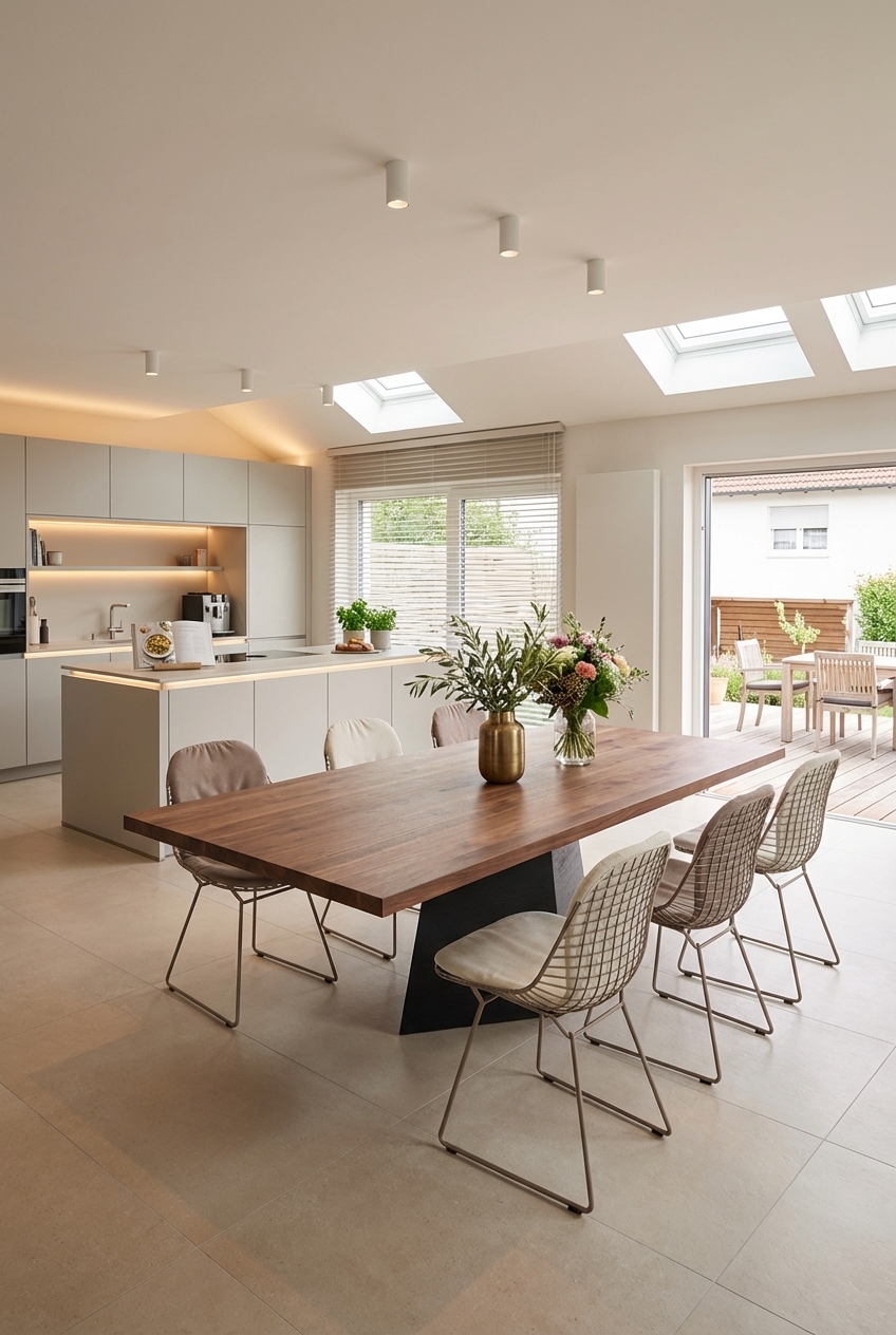 Indirektes Licht unter den Küchenschränken schafft eine warme Atmosphäre zum Esstisch Weert aus Nussbaum