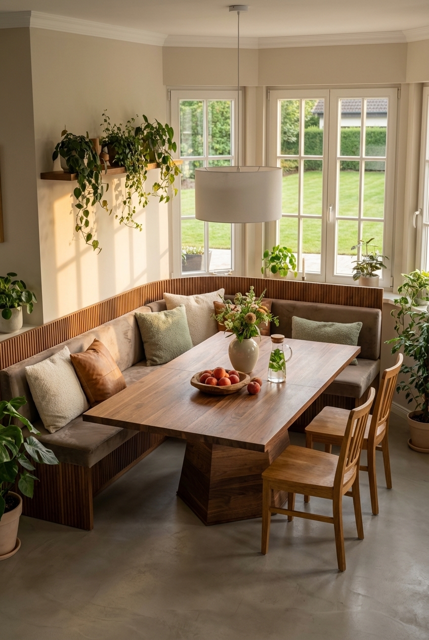 Eckbank mit grünen Pflanzen dekoriert und ausziehbarem Esstisch Weert aus Nussbaum