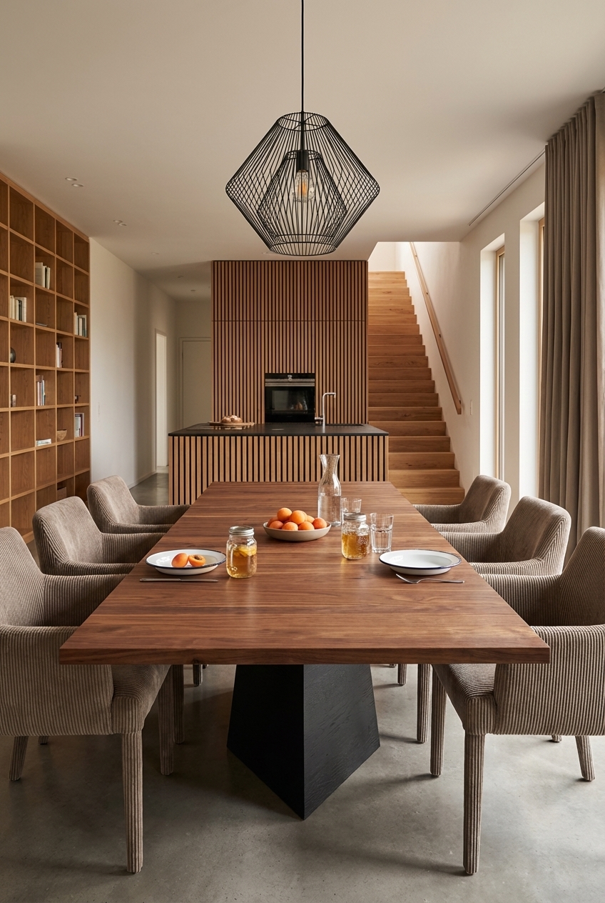 Esszimmer mit Holzpaneelen, Polsterstühlen und massiven Esstisch Weert aus Nussbaum