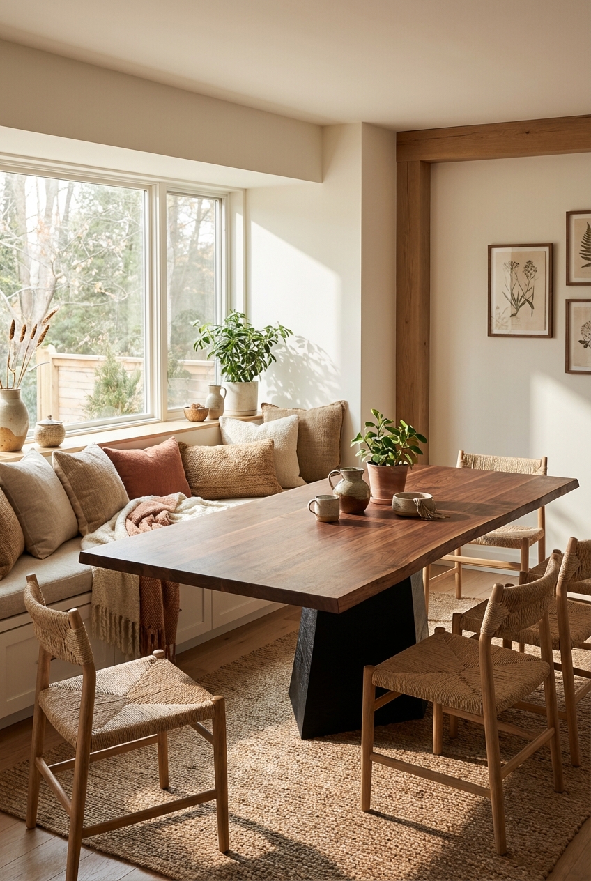 Esszimmer mit schmalem Tisch und komfortabler Sitzbank am Fenster für mehr Bewegungsfreiheit