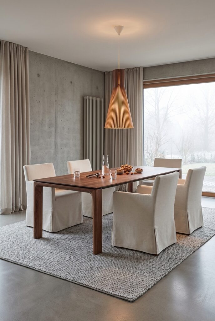 Grob gewebter Teppich in hellem Beige unter Essplatz mit Esszimmertisch Zwolle aus Nussbaum