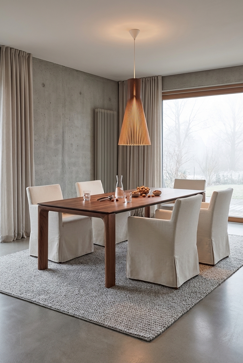 Grob gewebter Teppich in hellem Beige unter Essplatz mit Esszimmertisch Zwolle aus Nussbaum