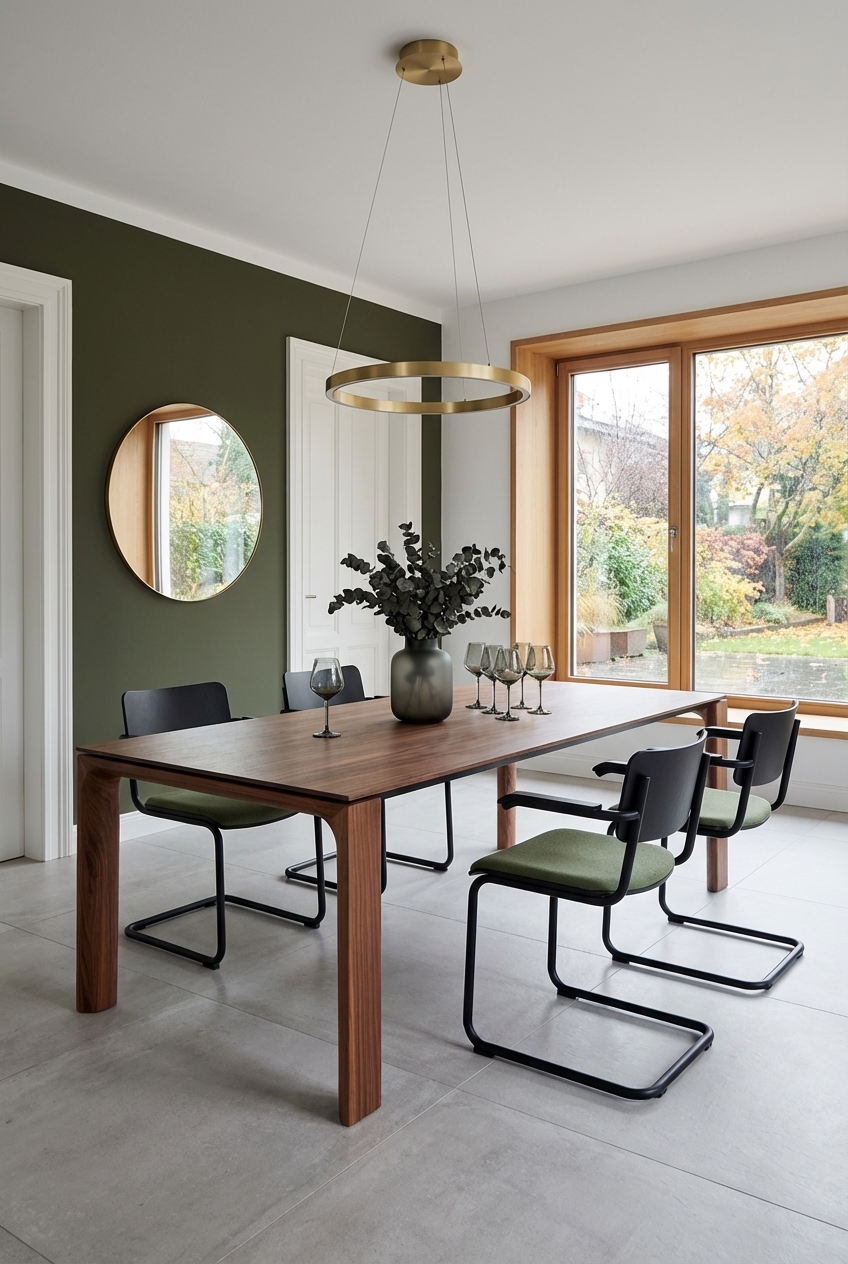 Runder Spiegel an grüner Wand reflektiert Licht und Grüntöne, harmonisch ergänzt durch den Nussbaum-Esstisch Zwolle