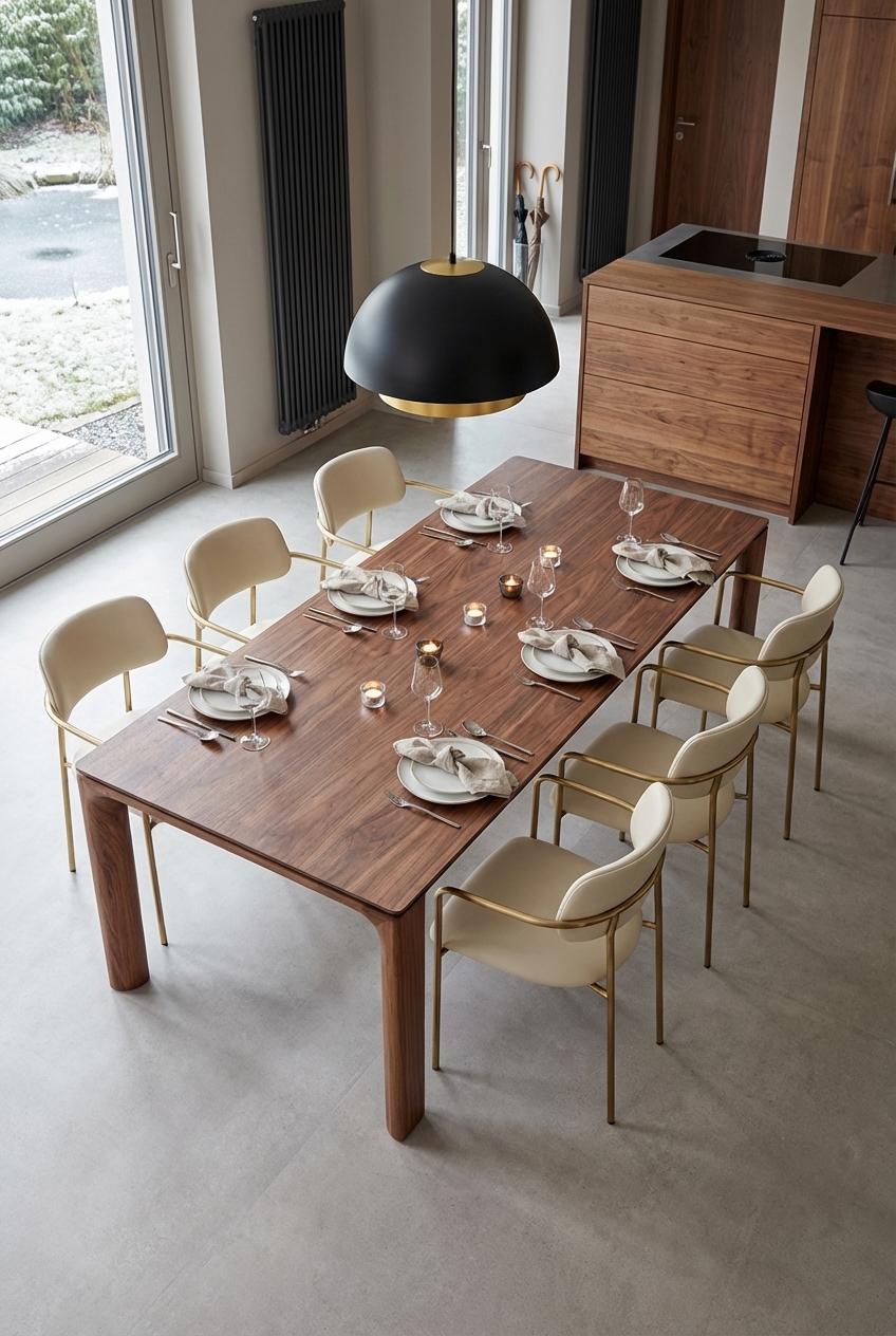 Esszimmer mit ausziehbarem Esstisch Zwolle aus Nussbaum und Messingakzenten