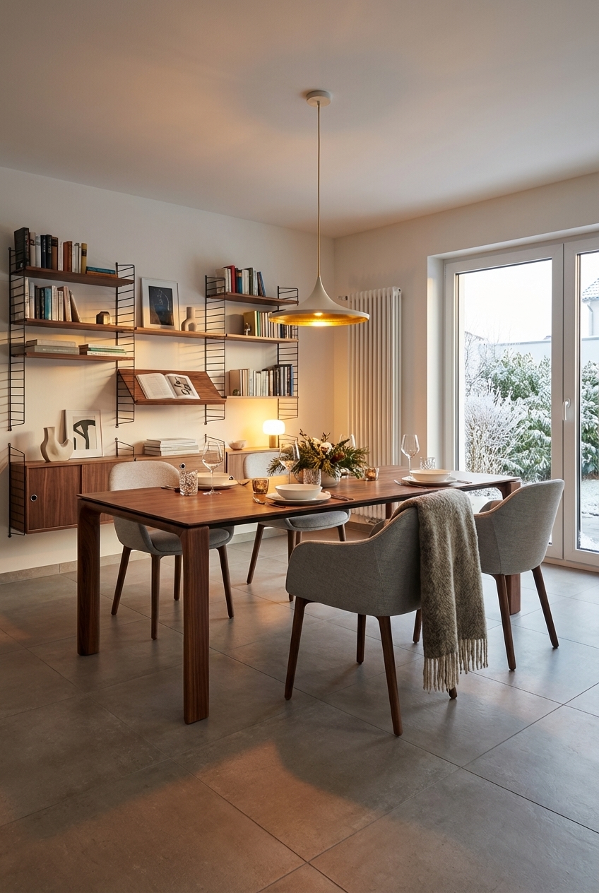 Pendelleuchte mit goldenem Innenschirm über Esstisch Zwolle aus Nussbaum für sanfte Wandbeleuchtung