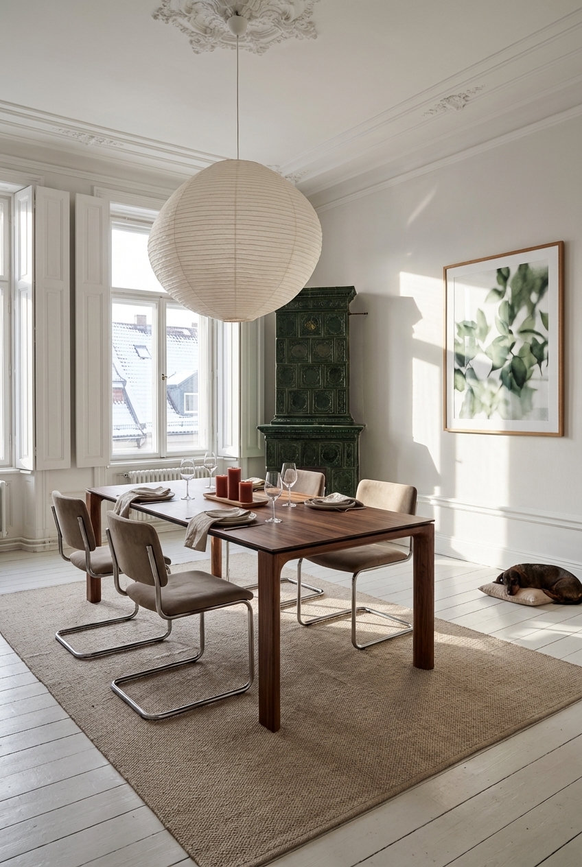 Essbereich mit grün glasierter Kachelofen und Esstisch Zwolle aus Nussbaum