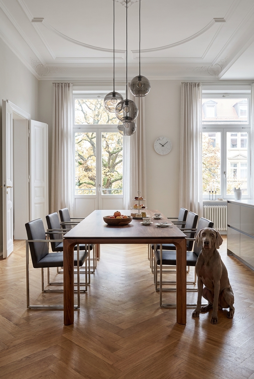 Massiver Esstisch Zwolle aus Nussbaumholz schafft mit seiner warmen Maserung ein zentrales Element im Wohn- und Esszimmer.